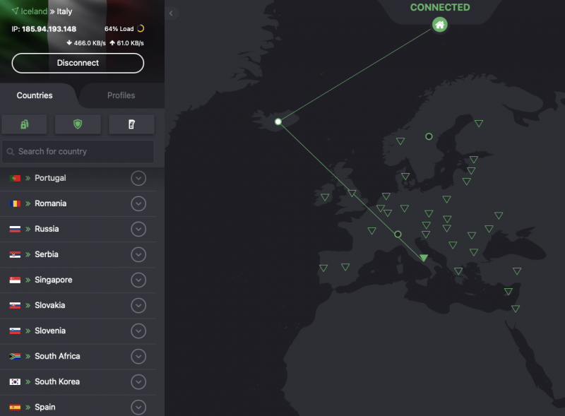 ProtonVPN - połączenie przez Islandię